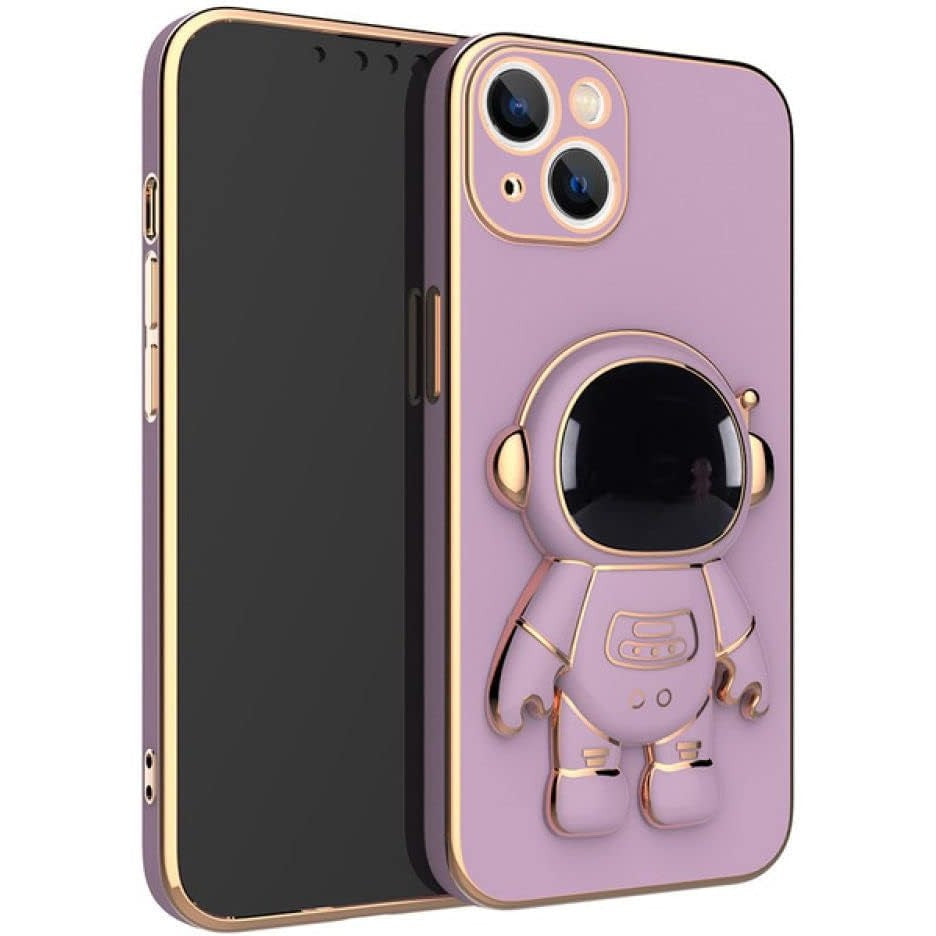 Husă iPhone 15, antișoc, cu suport în formă de astronaut, mov