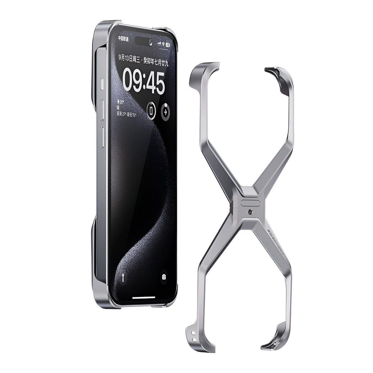 Husă iPhone 15, din aluminiu, cu ramă în X, gri