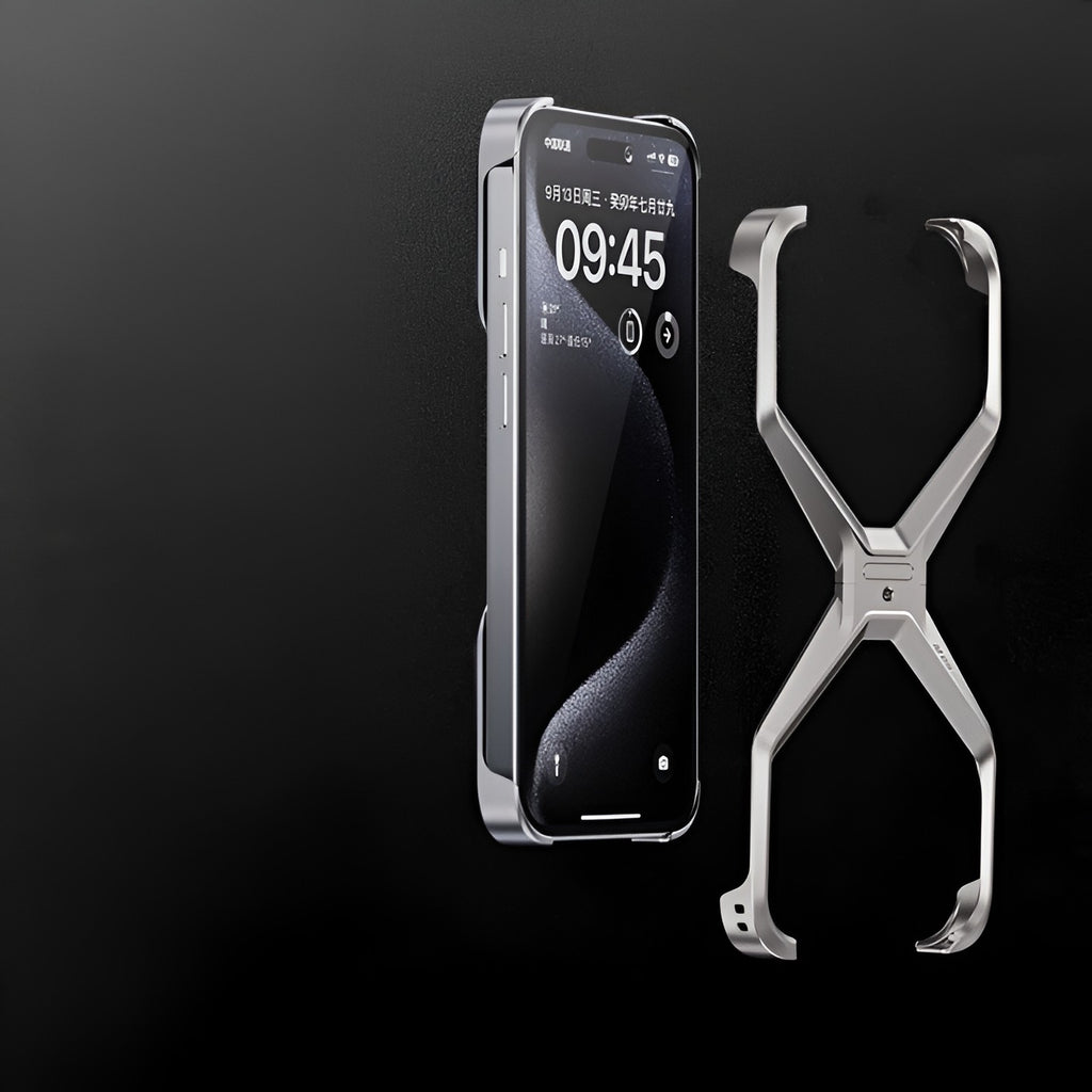 Husă iPhone 15, din aluminiu, cu ramă în X, gri