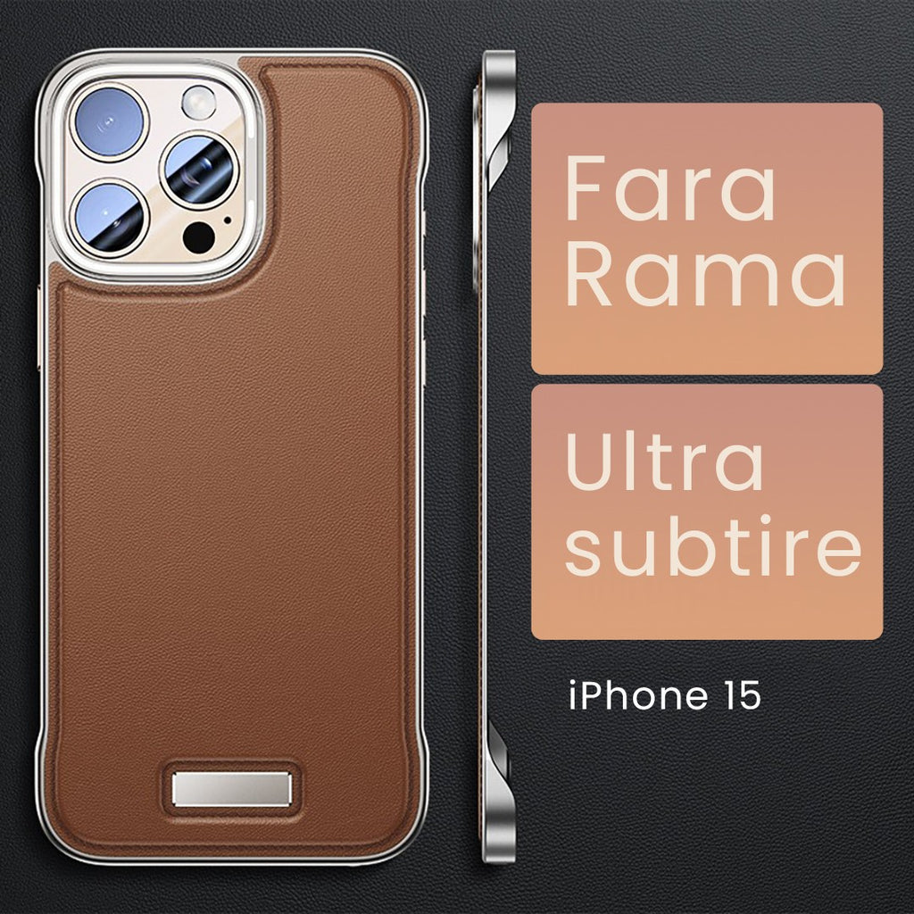 Husă iPhone 15, din piele ecologică, fără margini, maro