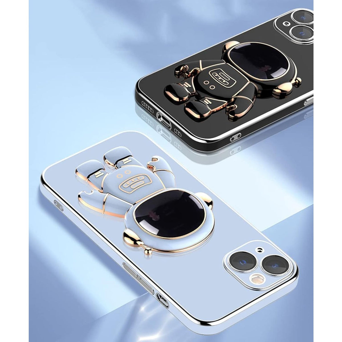 Husă iPhone 15 Plus, antișoc, cu suport în formă de astronaut, albastru