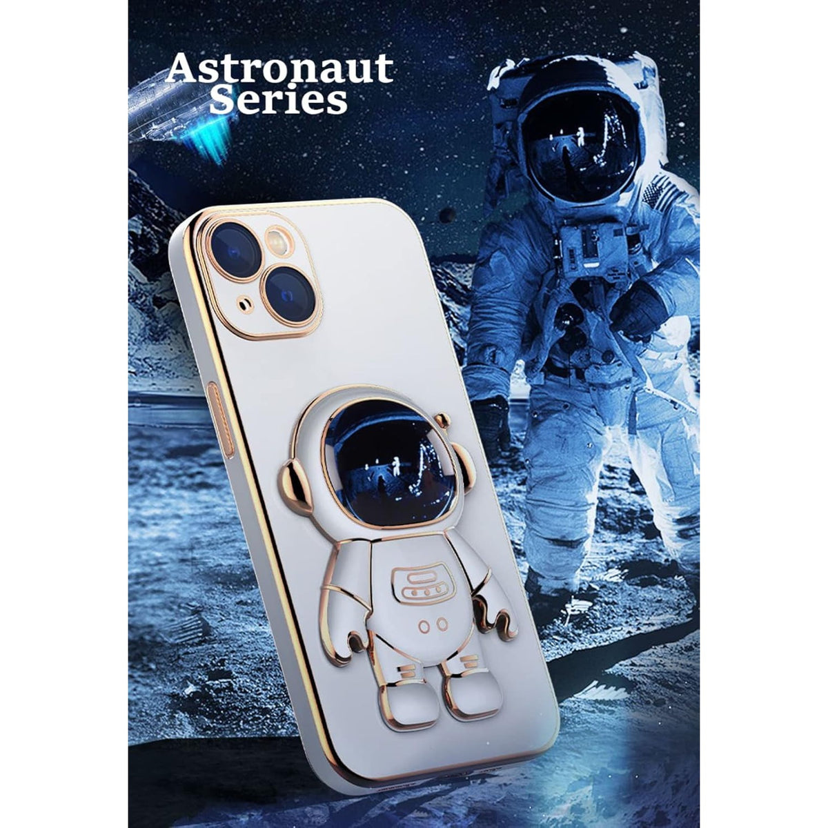 Husă iPhone 15 Plus, antișoc, cu suport în formă de astronaut, albastru