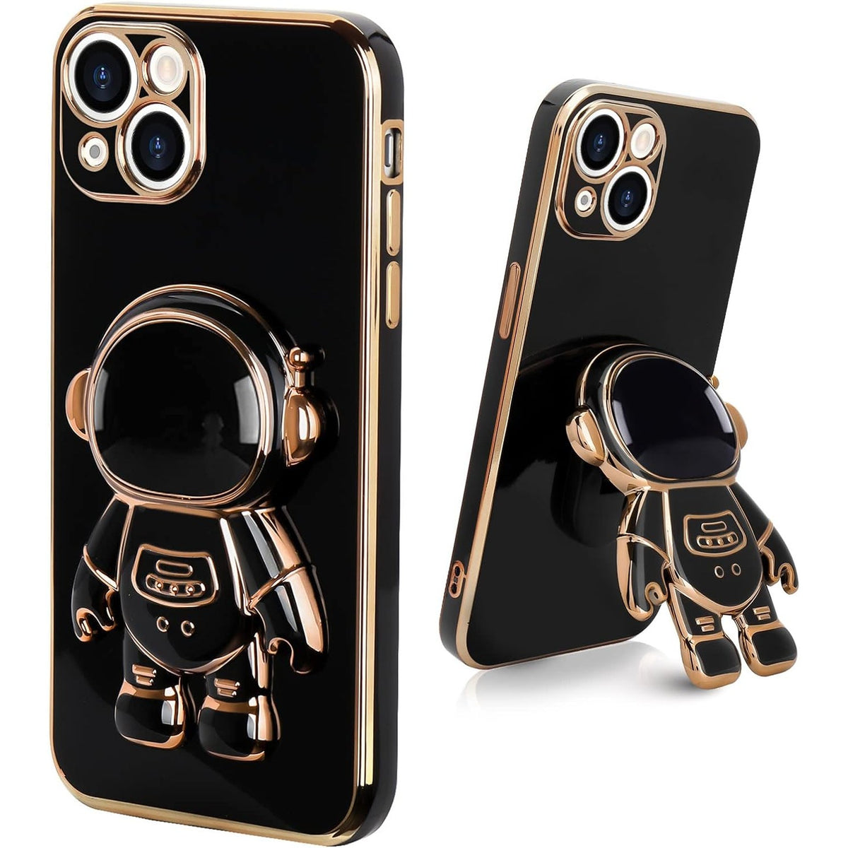 Husă iPhone 15 Plus, antișoc, cu suport în formă de astronaut, negru