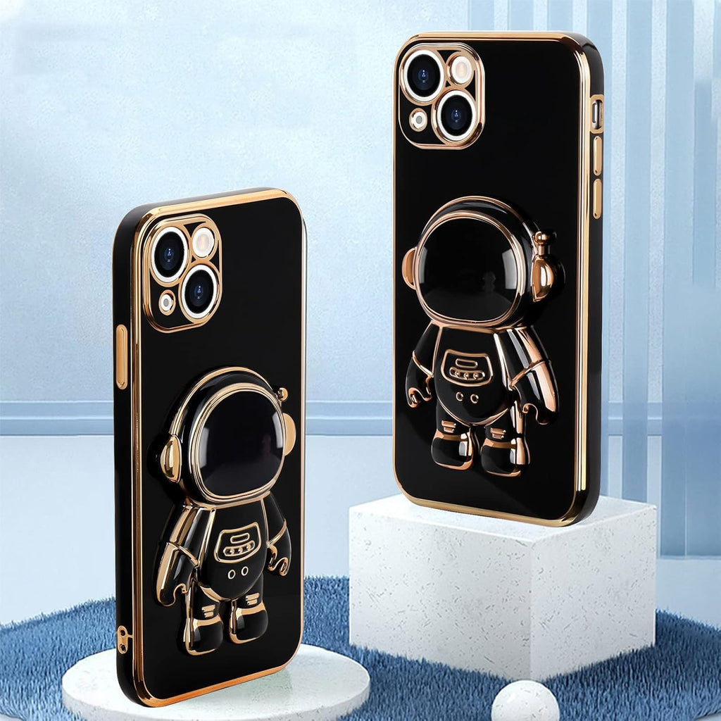 Husă iPhone 15 Plus, antișoc, cu suport în formă de astronaut, negru