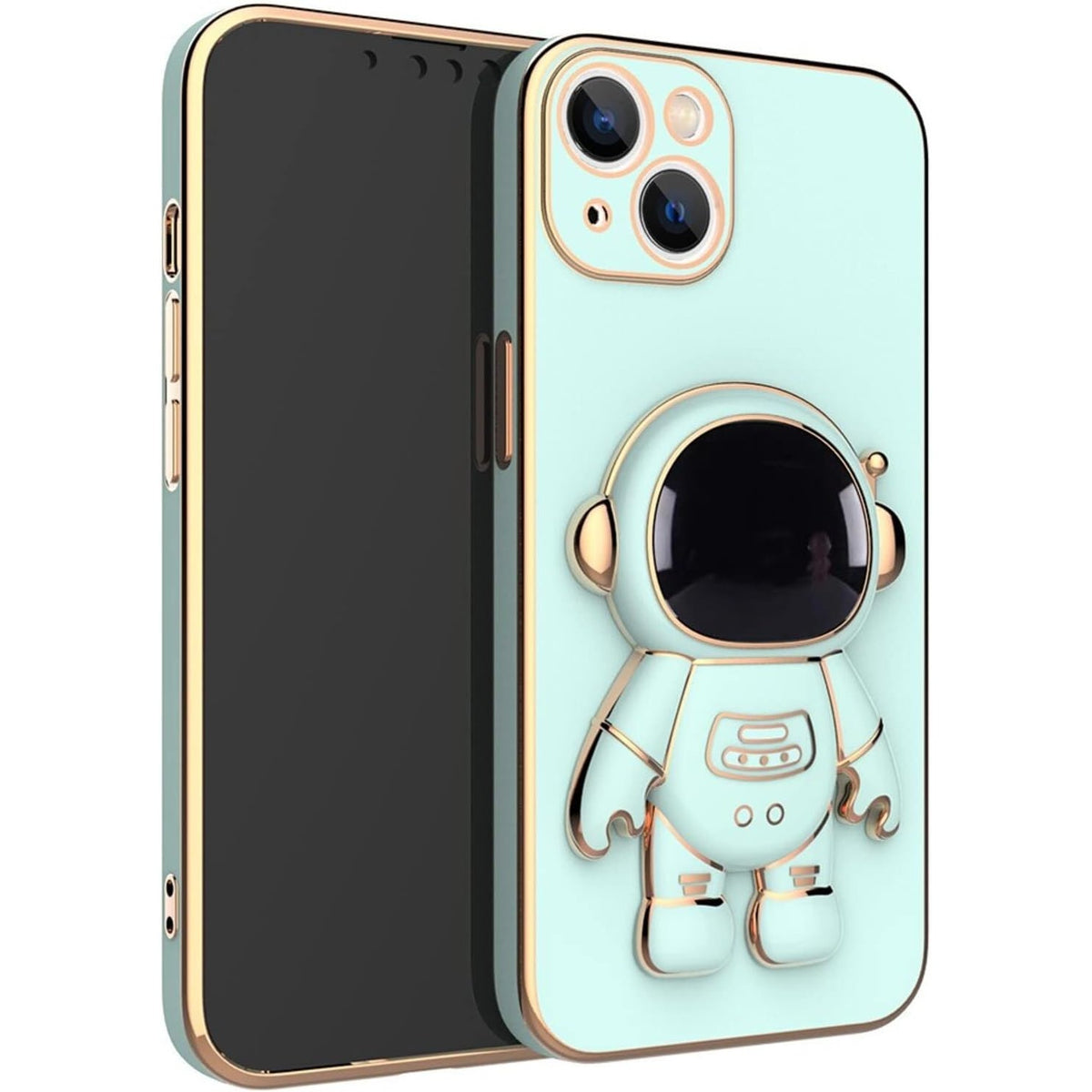Husă iPhone 15 Plus, antișoc, cu suport în formă de astronaut, verde