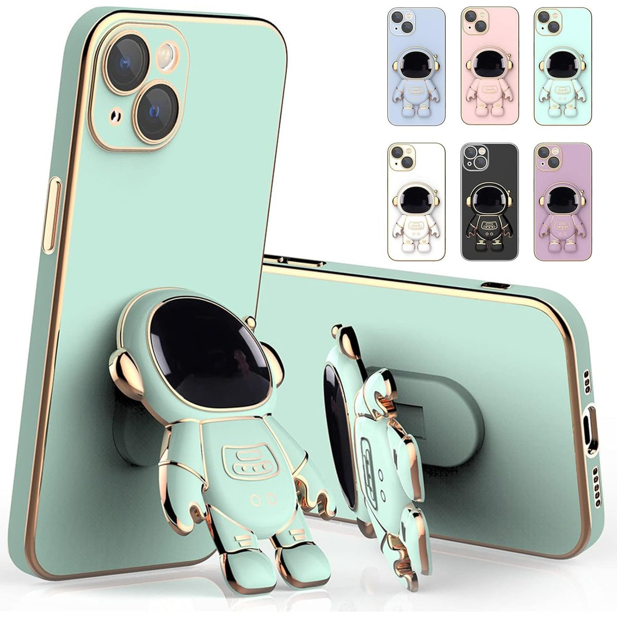 Husă iPhone 15 Plus, antișoc, cu suport în formă de astronaut, verde