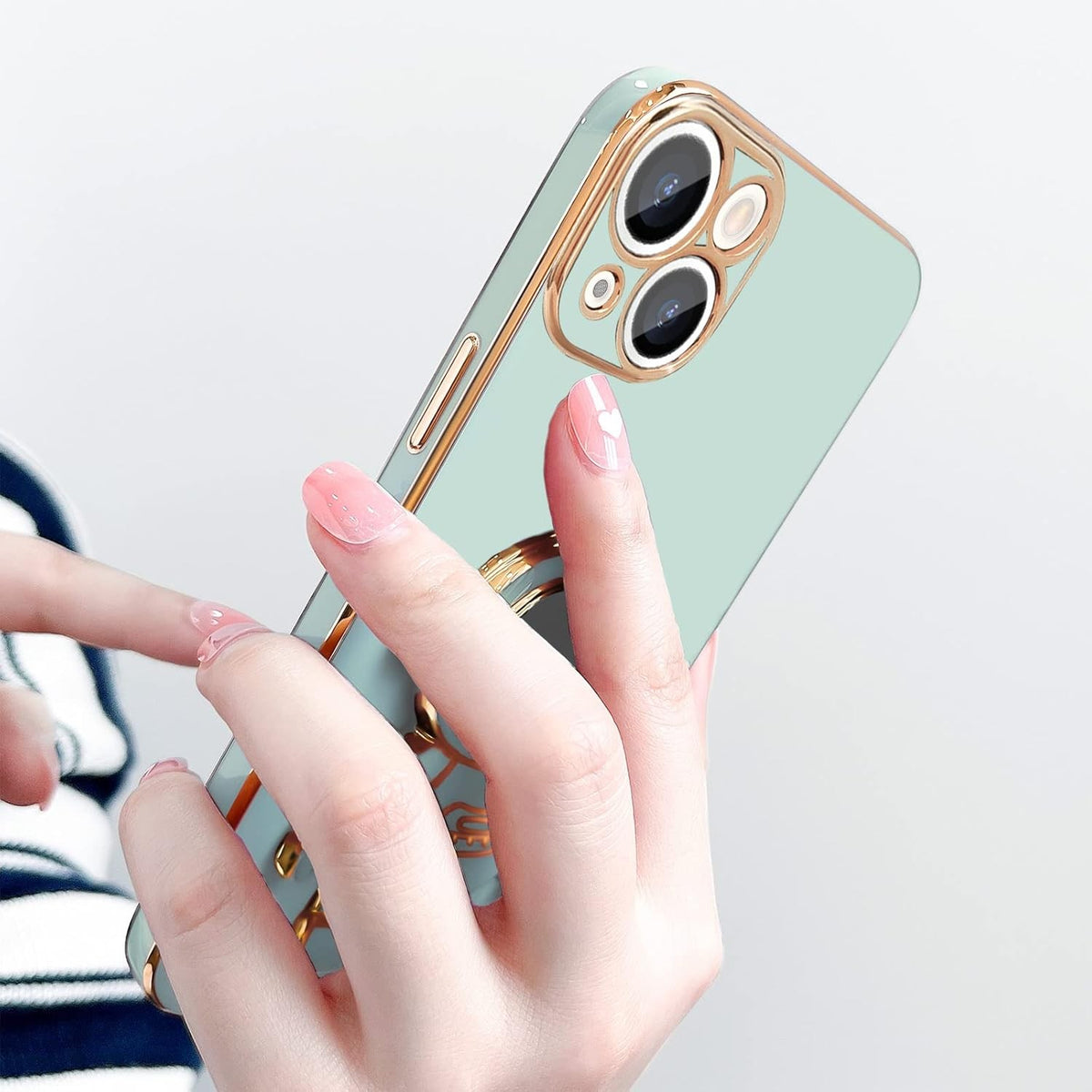 Husă iPhone 15 Plus, antișoc, cu suport în formă de astronaut, verde
