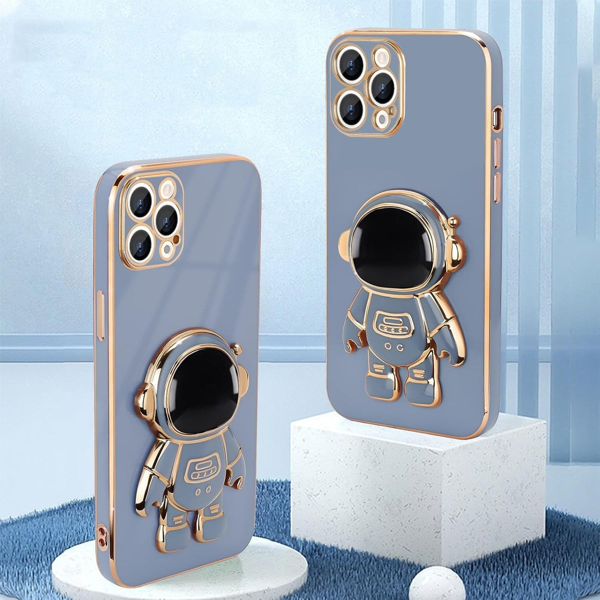 Husă iPhone 15 Pro, antișoc, cu suport în formă de astronaut, albastru