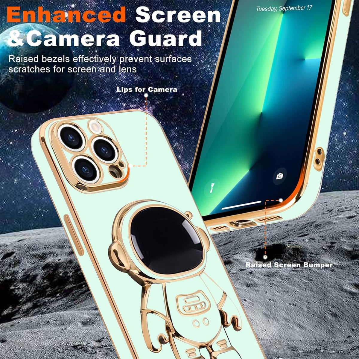 Husă iPhone 15 Pro, antișoc, cu suport în formă de astronaut, verde