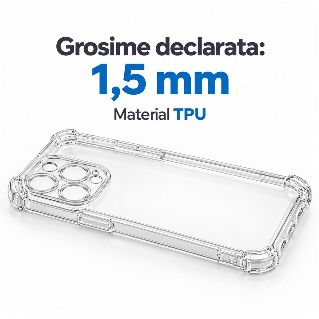 Husă iPhone 15 Pro, antișoc, transparentă, cu colțuri întărite, transparent