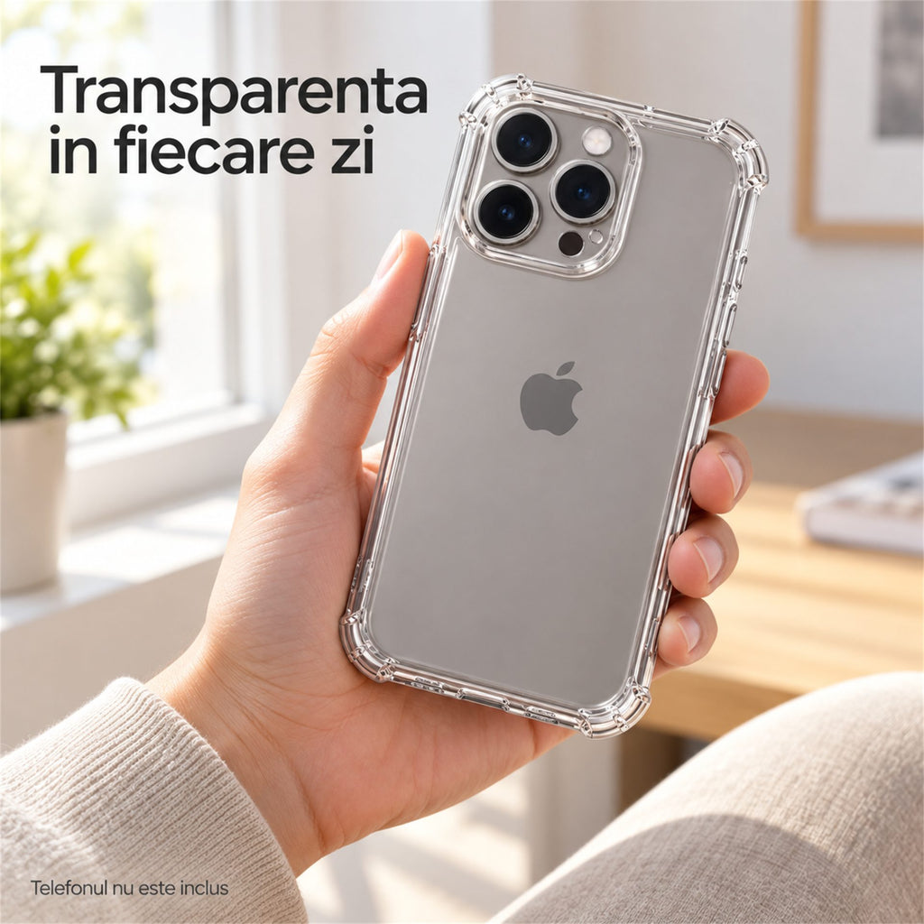 Husă iPhone 15 Pro, antișoc, transparentă, cu colțuri întărite, transparent