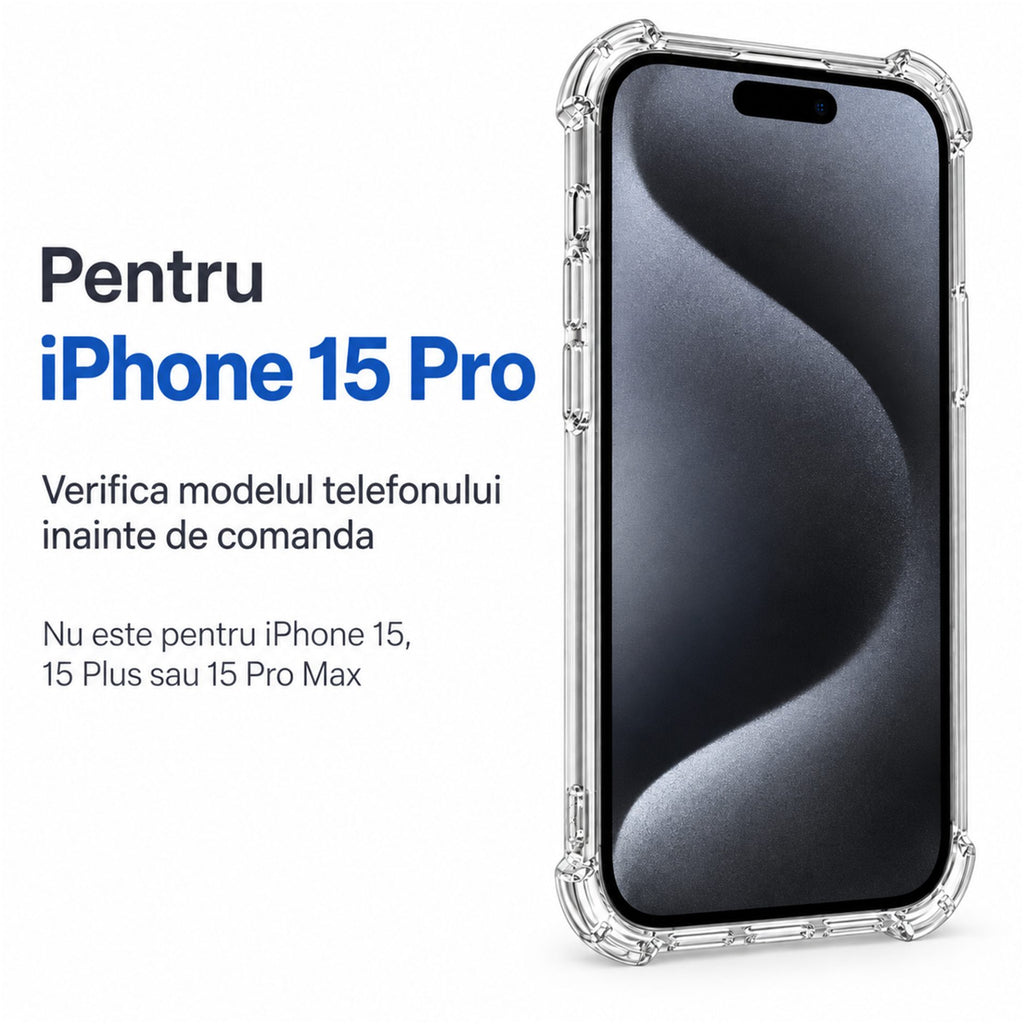Husă iPhone 15 Pro, antișoc, transparentă, cu colțuri întărite, transparent