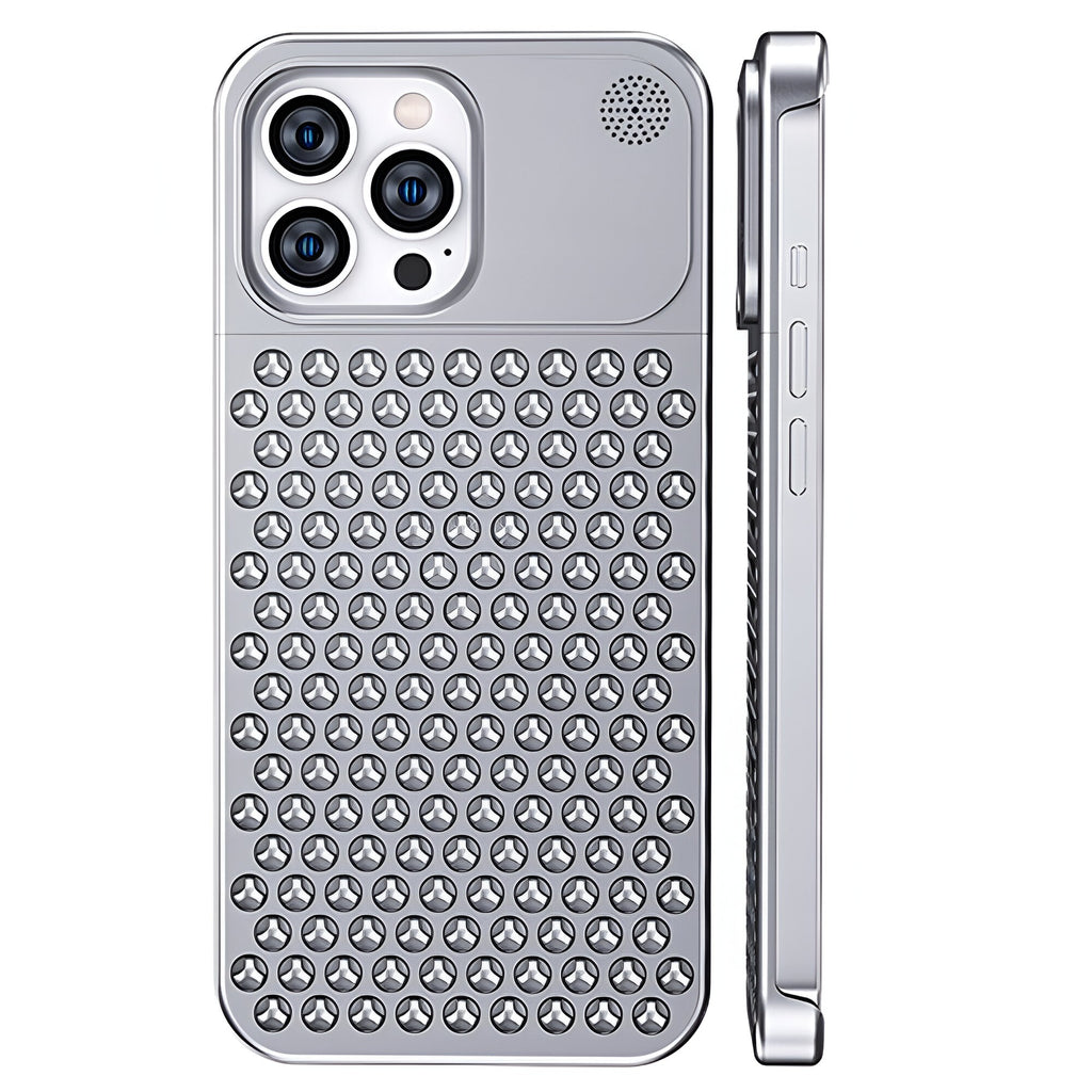 Husă iPhone 15 Pro, din aluminiu, perforată, argintiu