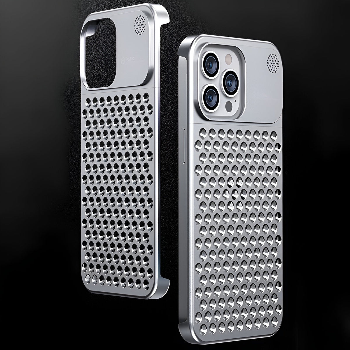 Husă iPhone 15 Pro, din aluminiu, perforată, argintiu