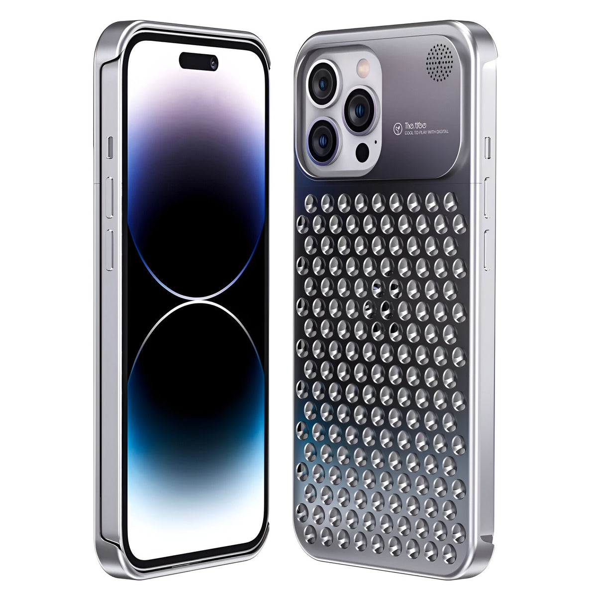 Husă iPhone 15 Pro, din aluminiu, perforată, argintiu