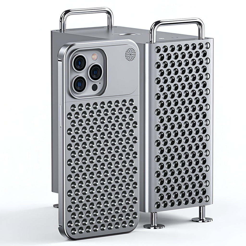Husă iPhone 15 Pro, din aluminiu, perforată, argintiu