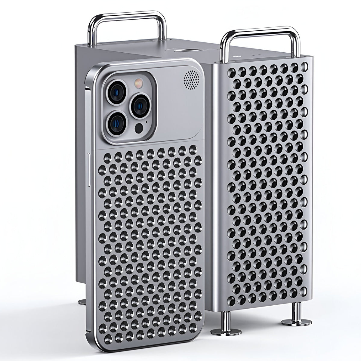 Husă iPhone 15 Pro, din aluminiu, perforată, argintiu