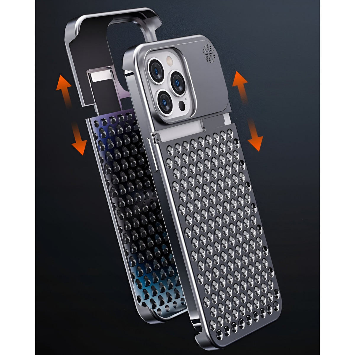 Husă iPhone 15 Pro, din aluminiu, perforată, argintiu