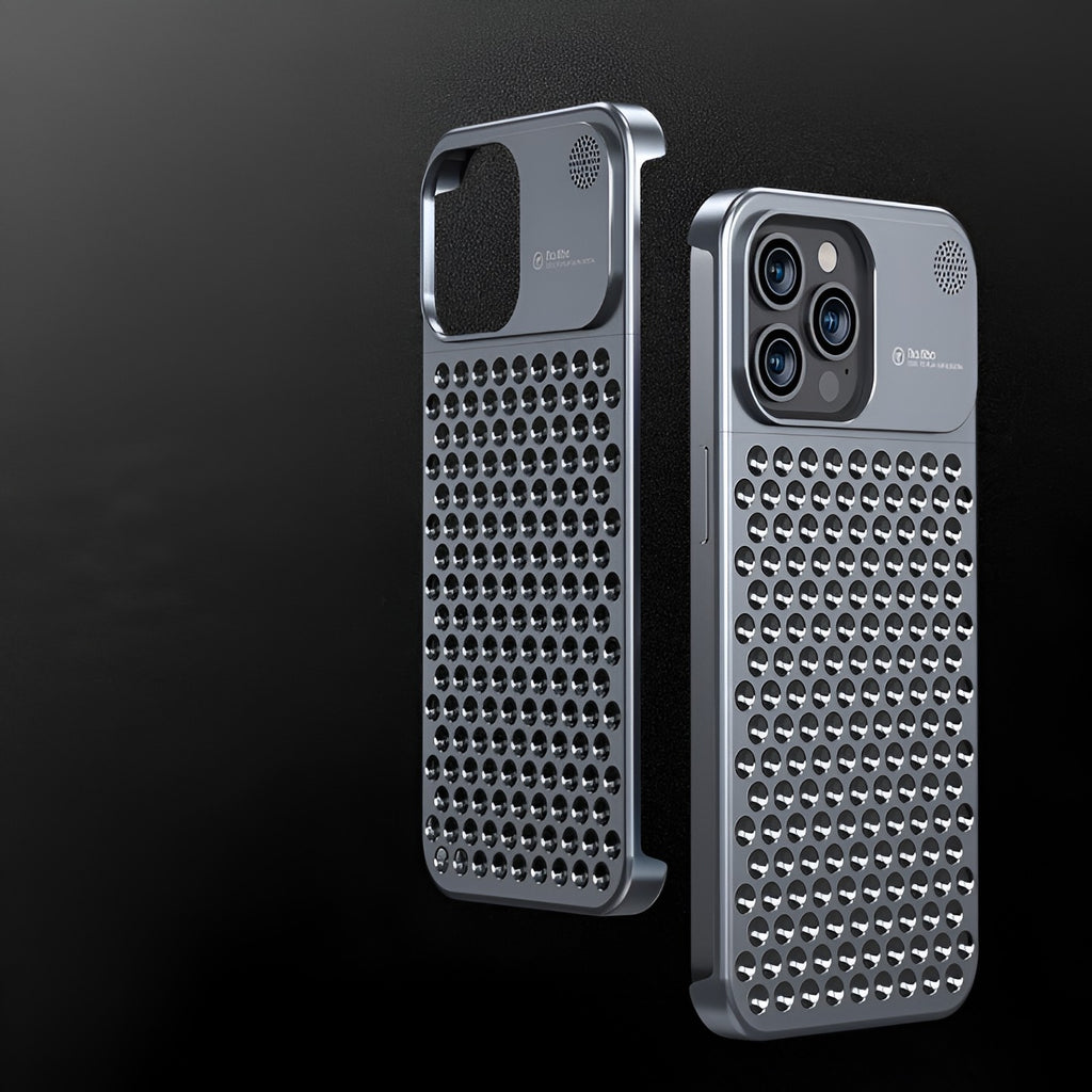 Husă iPhone 15 Pro, din aluminiu, perforată, gri