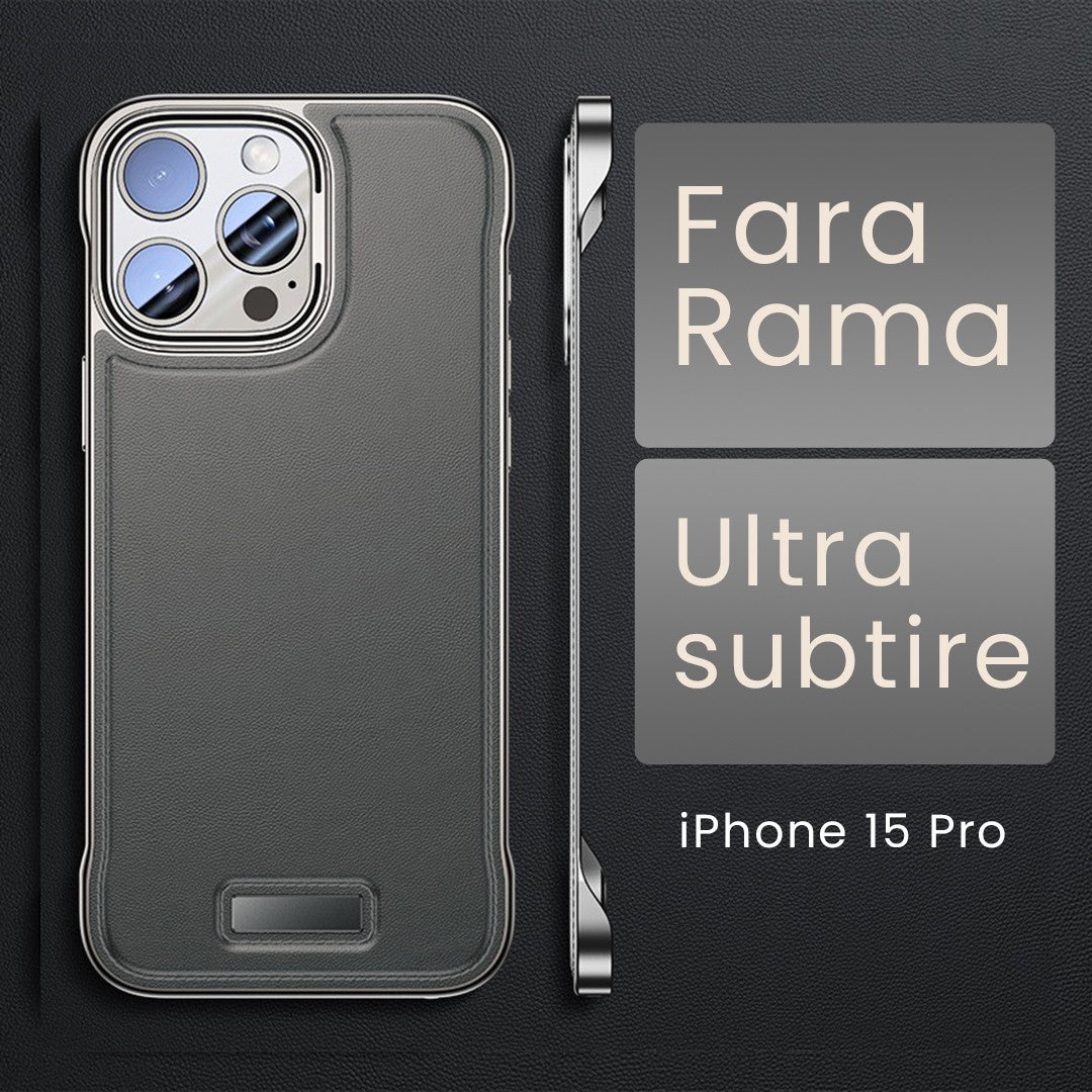 Husă iPhone 15 Pro, din piele ecologică, fără margini, gri