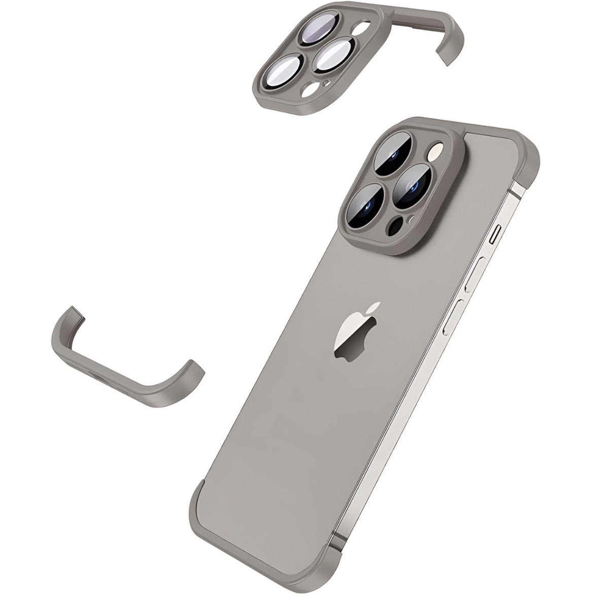 Husă iPhone 15 Pro, fără spate, doar colțuri și cameră, gri mat