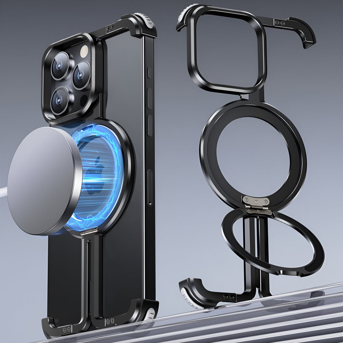 Husă iPhone 15 Pro, magnetică MagSafe, metalică fără ramă, negru