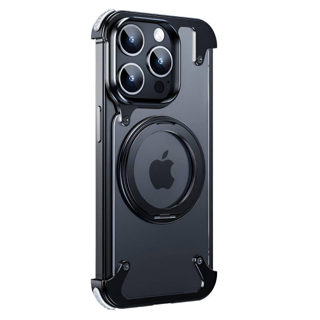 Husă iPhone 15 Pro, magnetică MagSafe, ramă metalică cu inel-suport, cu spate din PC, negru