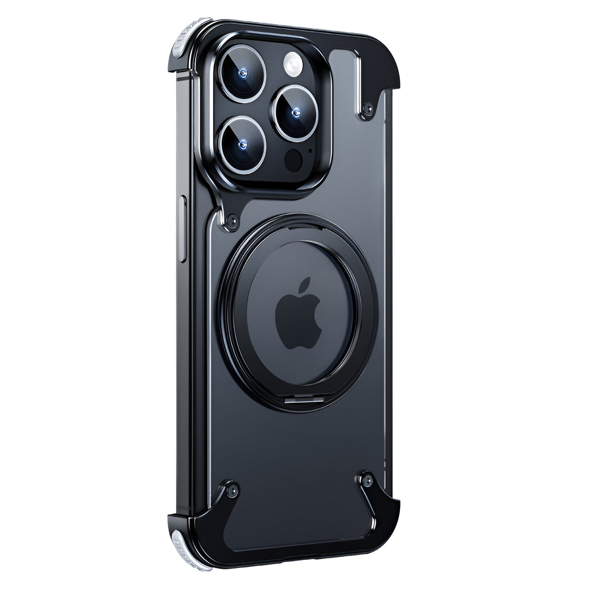 Husă iPhone 15 Pro, magnetică MagSafe, ramă metalică cu inel-suport, cu spate din PC, negru