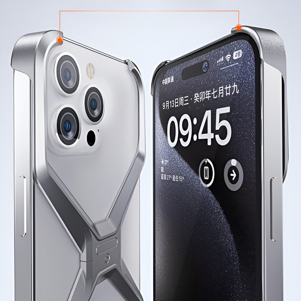 Husă iPhone 15 Pro Max, din aluminiu, cu ramă în X, gri