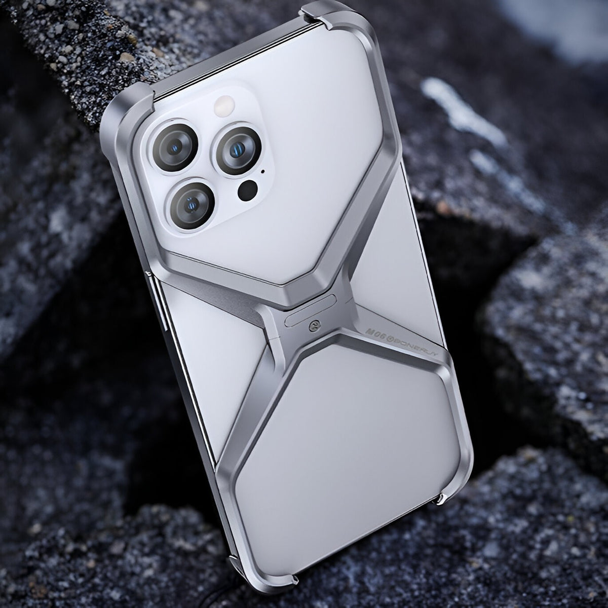 Husă iPhone 15 Pro Max, din aluminiu, cu ramă în X, gri