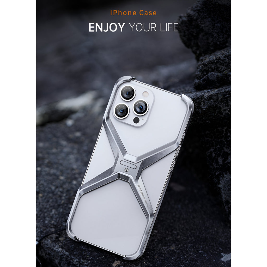 Husă iPhone 15 Pro Max, din aluminiu, cu ramă în X, gri