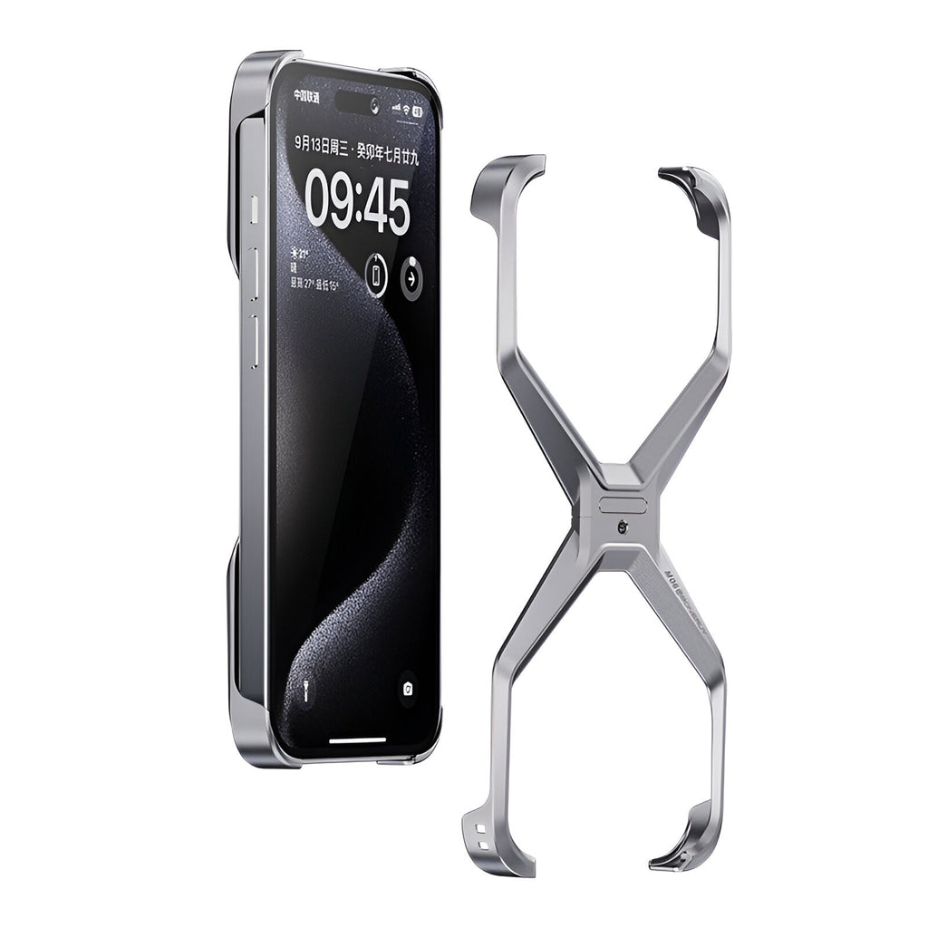 Husă iPhone 15 Pro Max, din aluminiu, cu ramă în X, gri