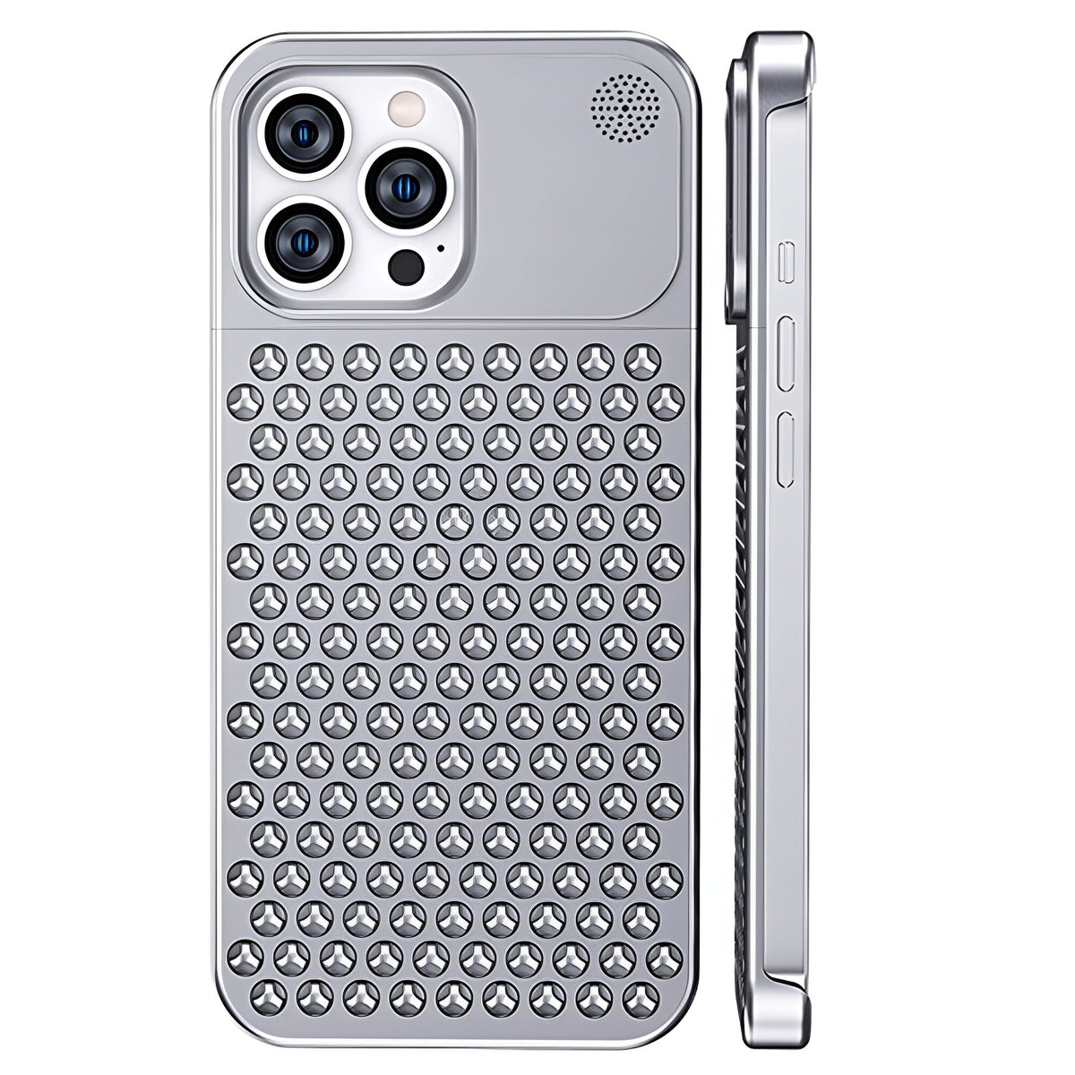 Husă iPhone 15 Pro Max, din aluminiu, perforată, argintiu