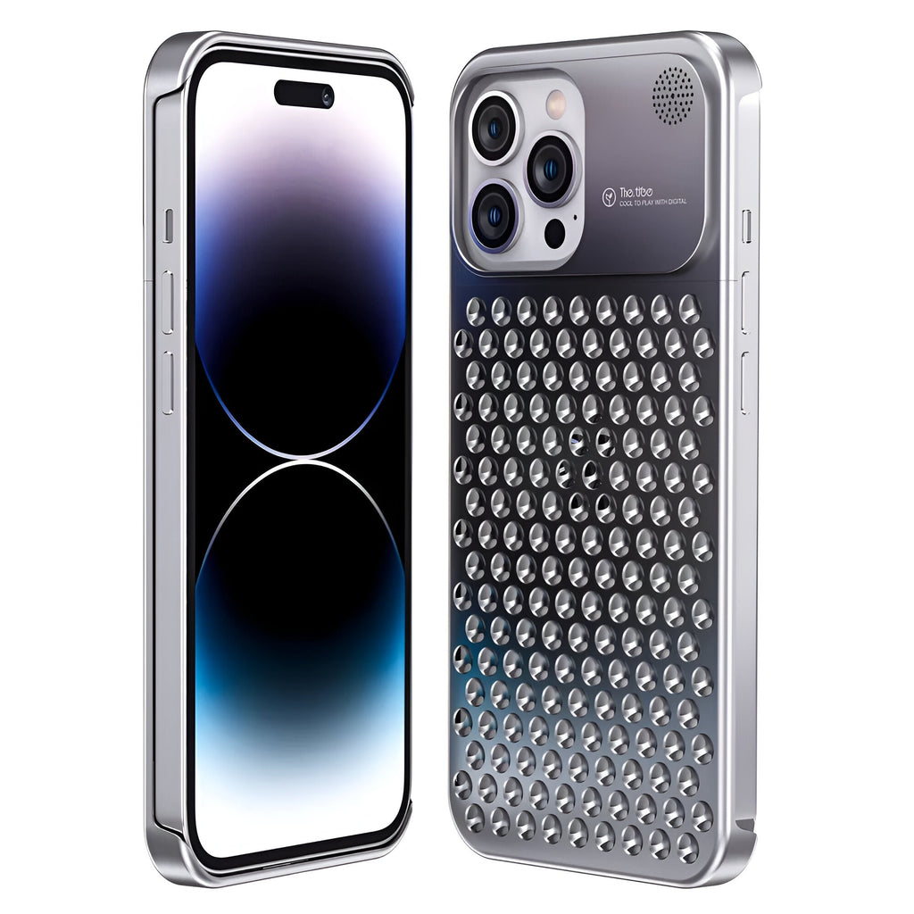 Husă iPhone 15 Pro Max, din aluminiu, perforată, argintiu