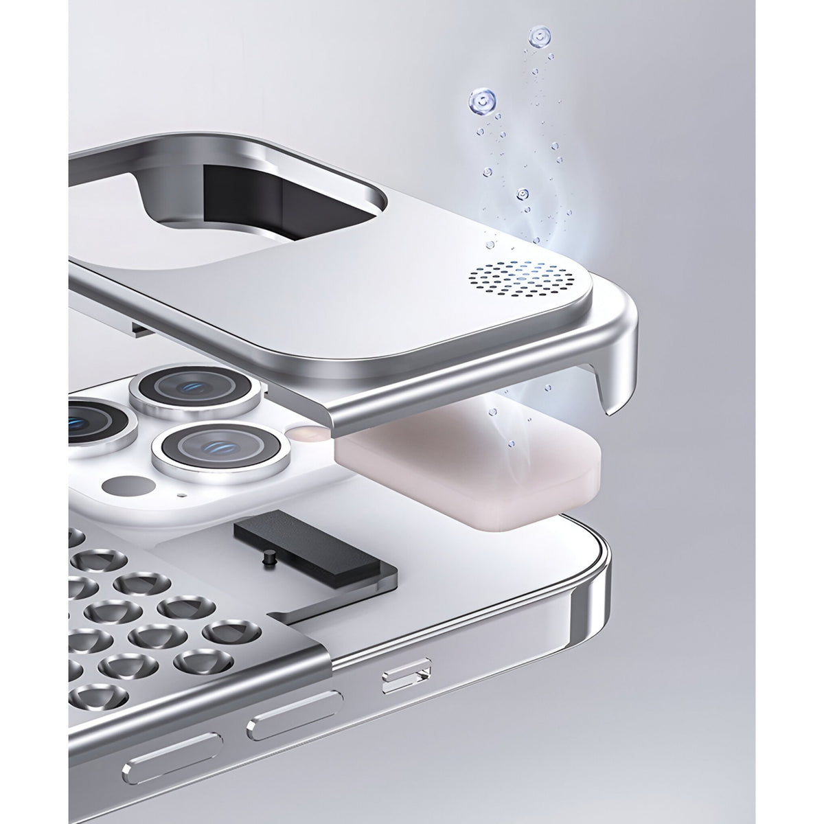 Husă iPhone 15 Pro Max, din aluminiu, perforată, argintiu