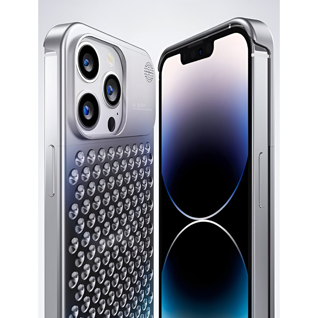 Husă iPhone 15 Pro Max, din aluminiu, perforată, argintiu