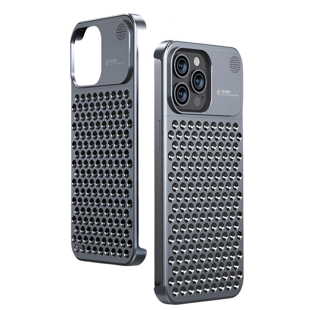 Husă iPhone 15 Pro Max, din aluminiu, perforată, gri
