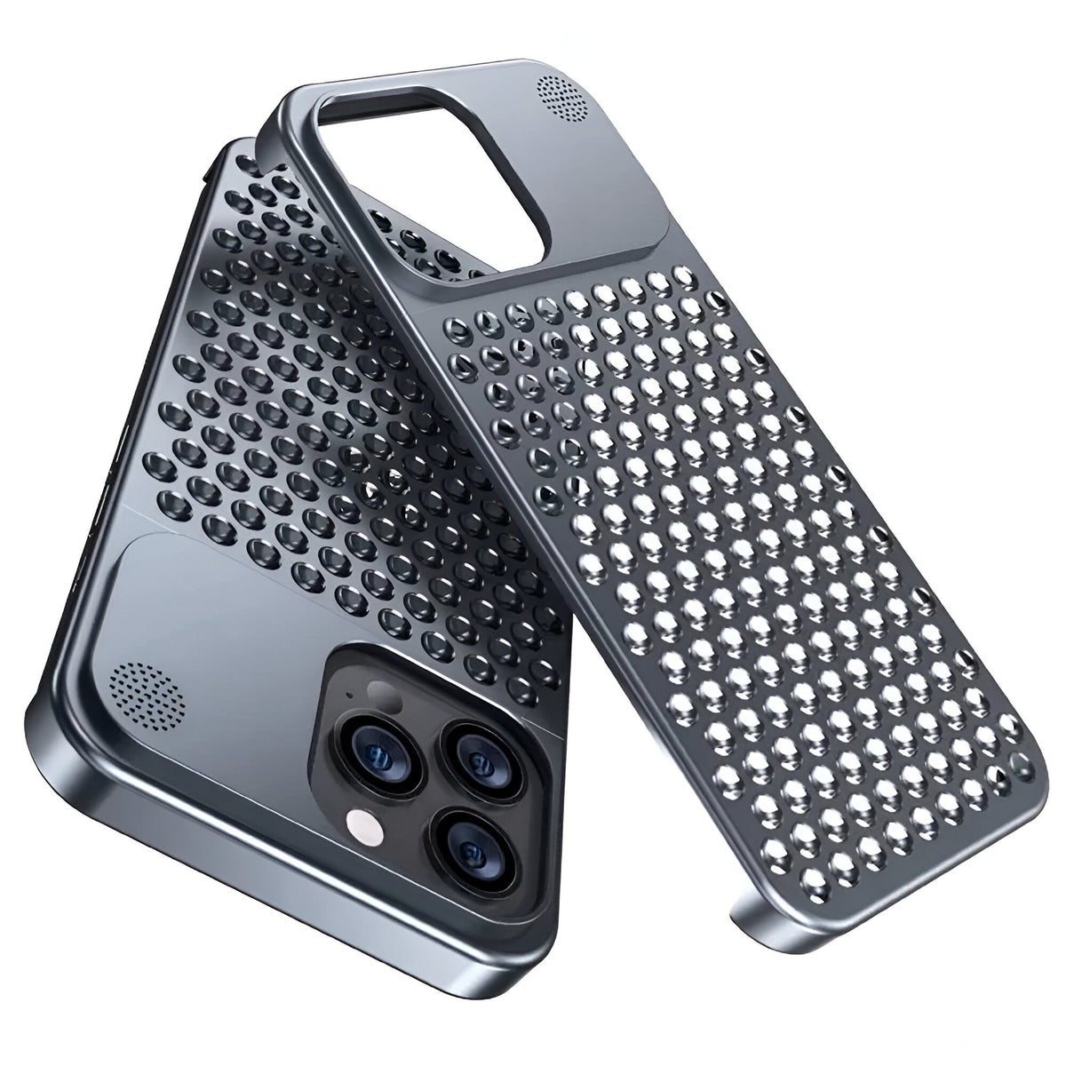 Husă iPhone 15 Pro Max, din aluminiu, perforată, gri