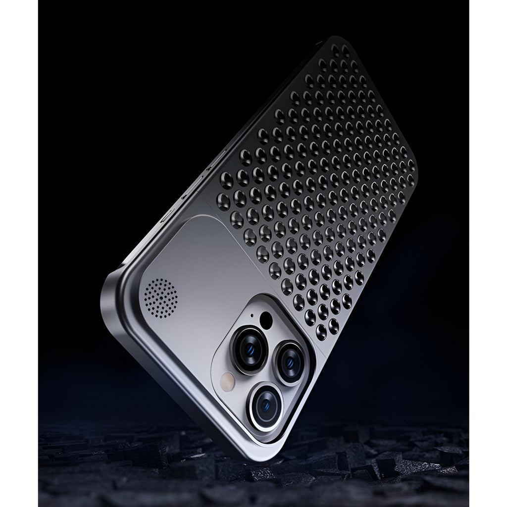Husă iPhone 15 Pro Max, din aluminiu, perforată, gri