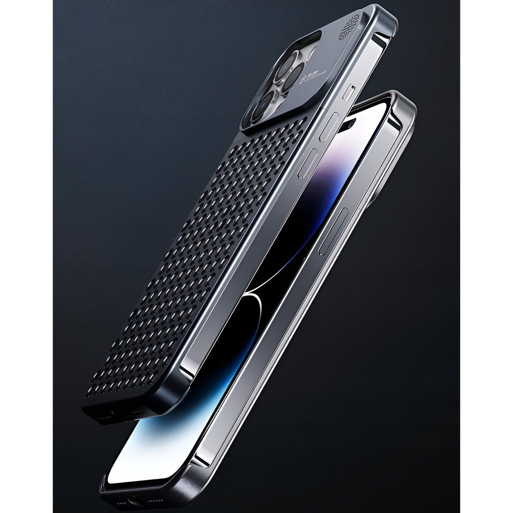 Husă iPhone 15 Pro Max, din aluminiu, perforată, gri