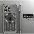 Husă iPhone 15 Pro Max, magnetică MagSafe, din aluminiu perforat, negru