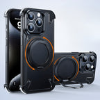 Husă iPhone 15 Pro Max, magnetică MagSafe, ramă metalică cu inel-suport, cu spate din piele, negru