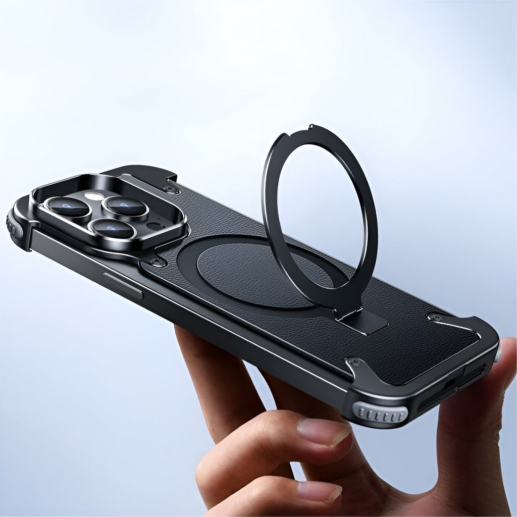 Husă iPhone 15 Pro Max, magnetică MagSafe, ramă metalică cu inel-suport, cu spate din piele, negru