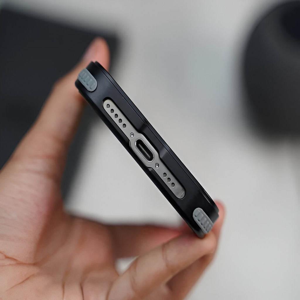 Husă iPhone 15 Pro Max, magnetică MagSafe, ramă metalică cu inel-suport, cu spate din piele, negru