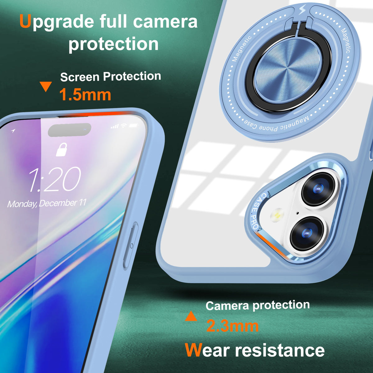 Husă iPhone 16, antișoc, transparentă, cu inel magnetic rotativ, albastru deschis