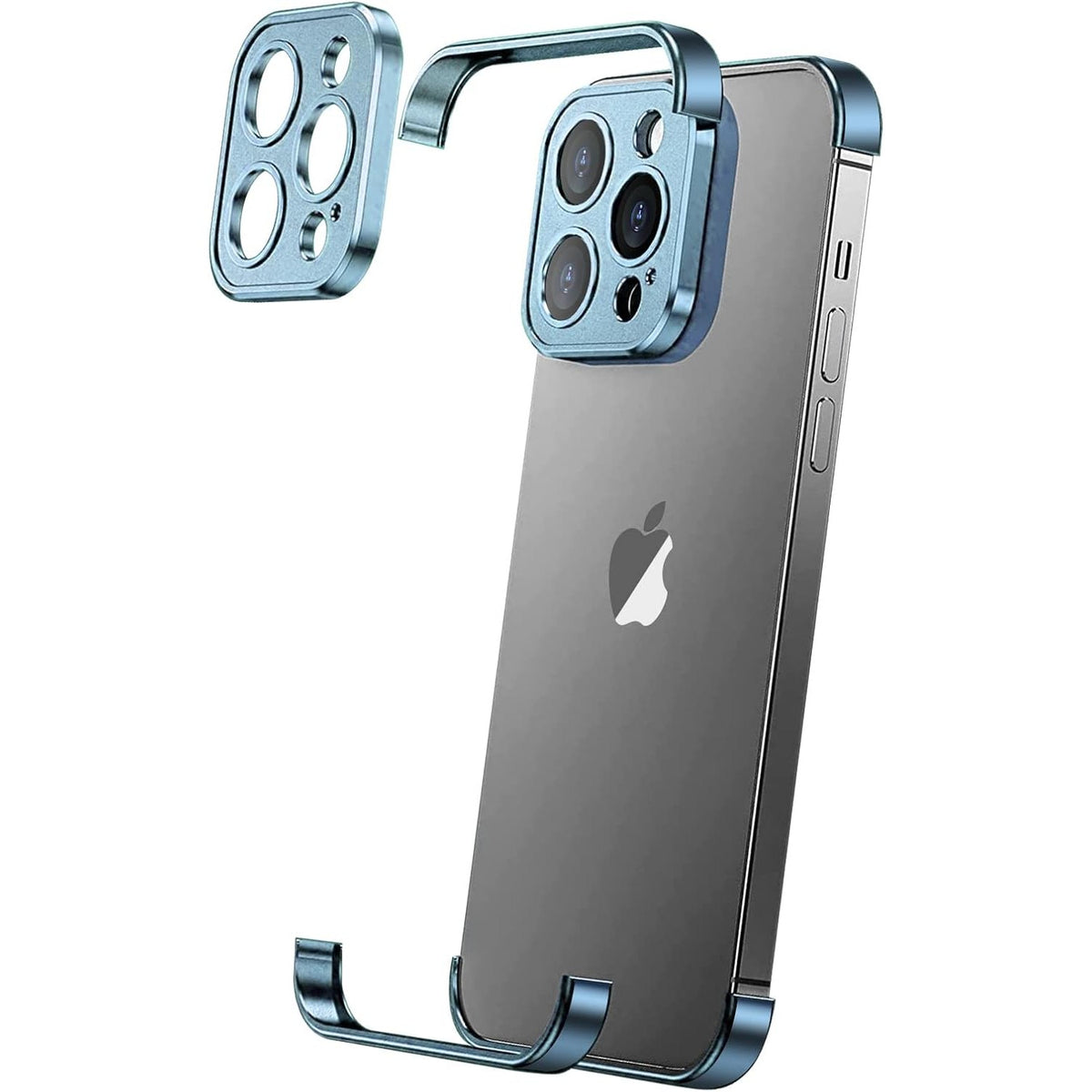 Husă iPhone 16, fără spate, doar colțuri și cameră, albastru