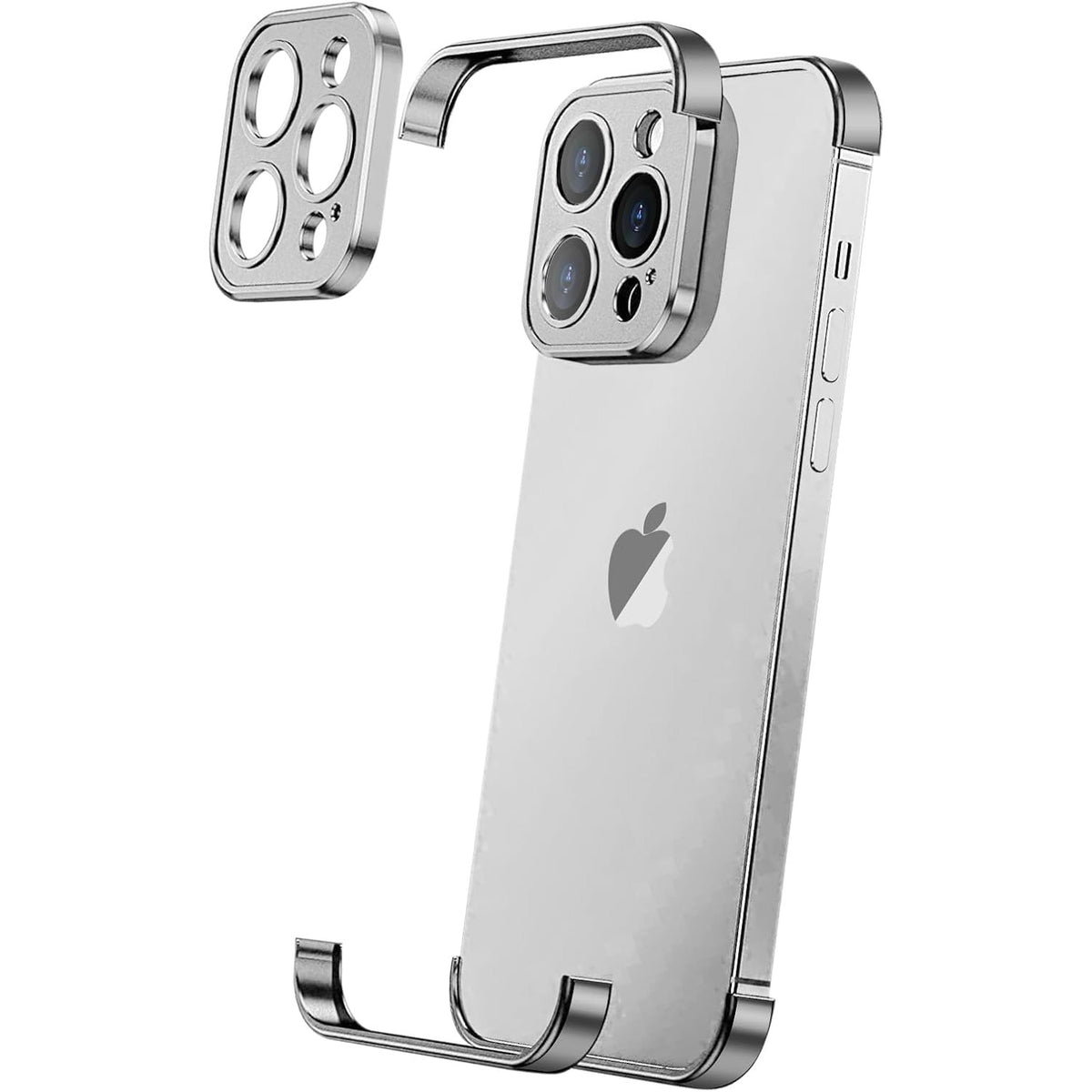 Husă iPhone 16, fără spate, doar colțuri și cameră, argintiu