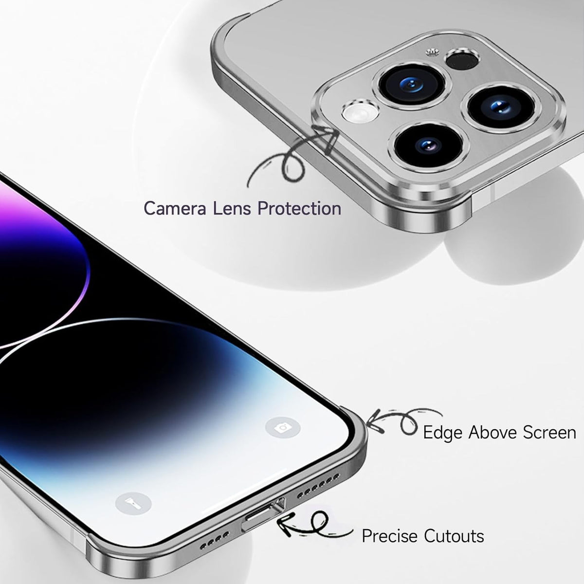 Husă iPhone 16, fără spate, doar colțuri și cameră, argintiu