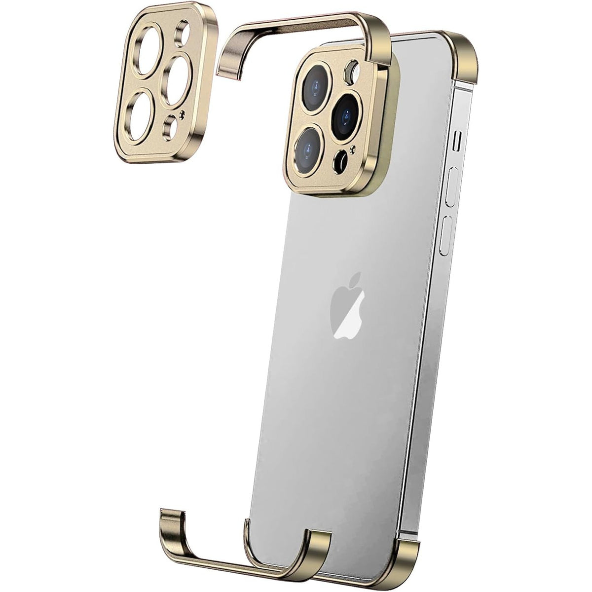 Husă iPhone 16, fără spate, doar colțuri și cameră, auriu