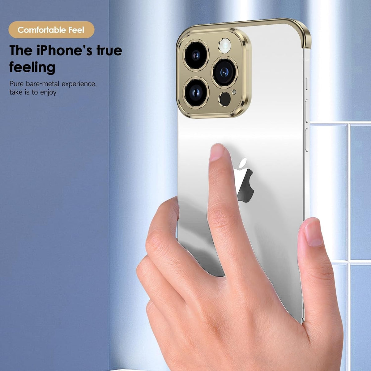 Husă iPhone 16, fără spate, doar colțuri și cameră, auriu